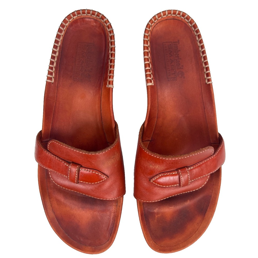 Timberland Slide Sandals Womens 9.5 Brown Red Leather Comfort Smart